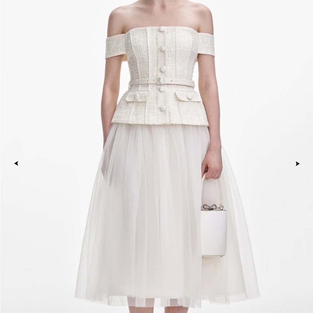 Self-Portrait CREAM BOUCLE TULLE MIDI DRESS